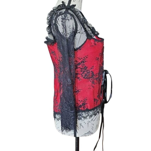Women's Size 2XL Red Black 3/4 Lace Sleeves Renaissance Hook Close Corset Top - Picture 6 of 6